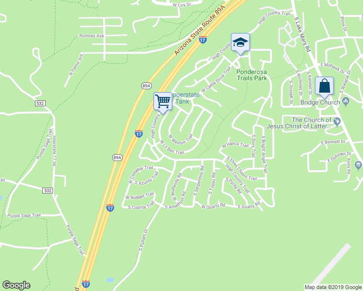map of restaurants, bars, coffee shops, grocery stores, and more near 1137 West Weston Trail in Flagstaff