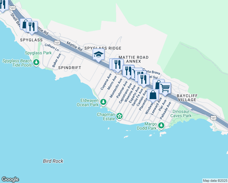 map of restaurants, bars, coffee shops, grocery stores, and more near 218 Montecito Avenue in Pismo Beach