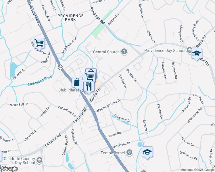 map of restaurants, bars, coffee shops, grocery stores, and more near 5030 Sardis Road in Charlotte