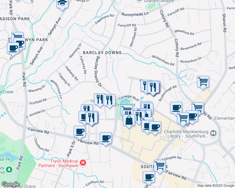 map of restaurants, bars, coffee shops, grocery stores, and more near 4131 Barclay Downs Drive in Charlotte