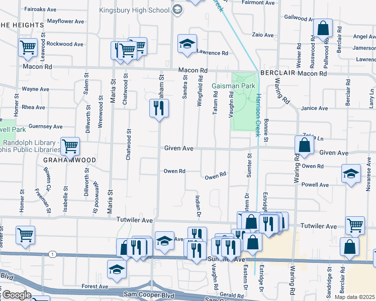 map of restaurants, bars, coffee shops, grocery stores, and more near 4074 Given Avenue in Memphis