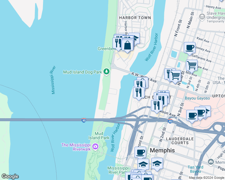 map of restaurants, bars, coffee shops, grocery stores, and more near 19 Island Drive in Memphis