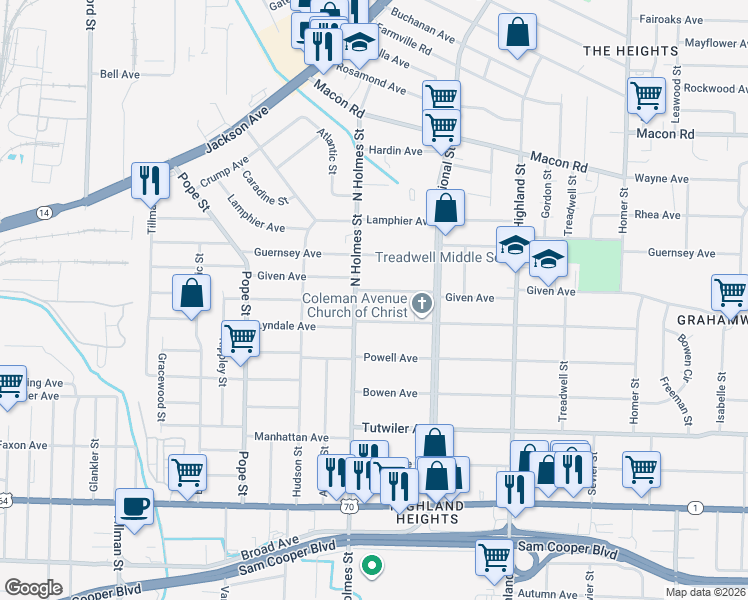 map of restaurants, bars, coffee shops, grocery stores, and more near 3308 Given Avenue in Memphis
