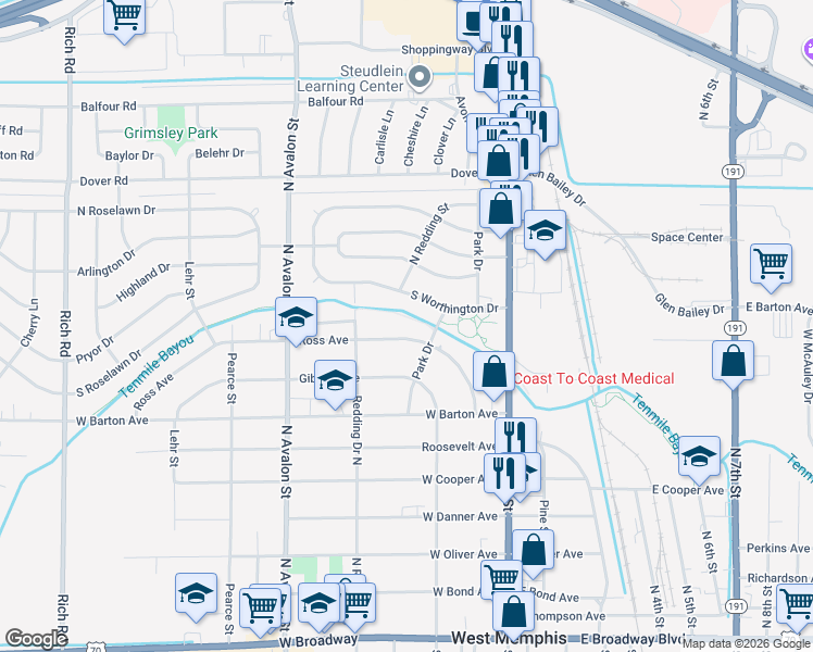 map of restaurants, bars, coffee shops, grocery stores, and more near 217 Ross Avenue in West Memphis