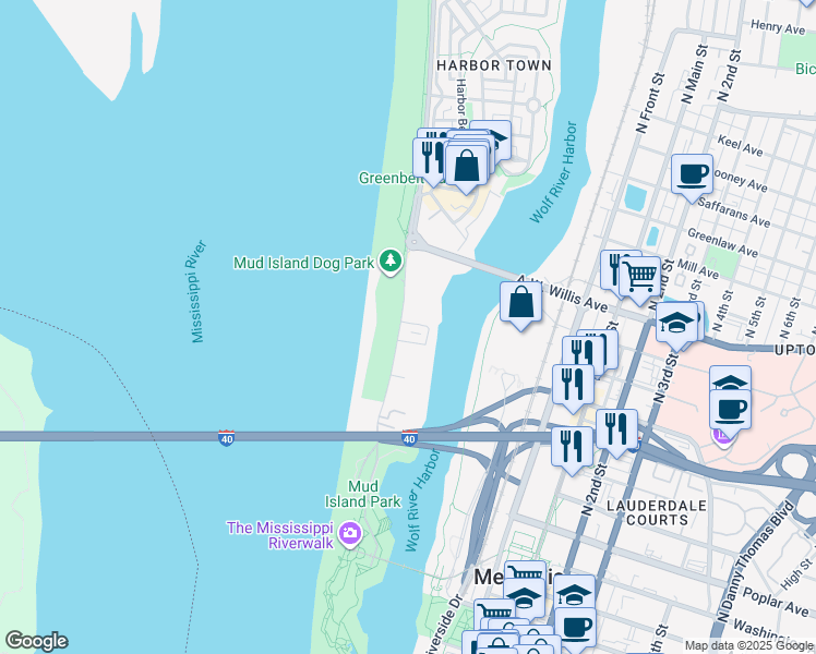 map of restaurants, bars, coffee shops, grocery stores, and more near 380 Island Drive in Memphis