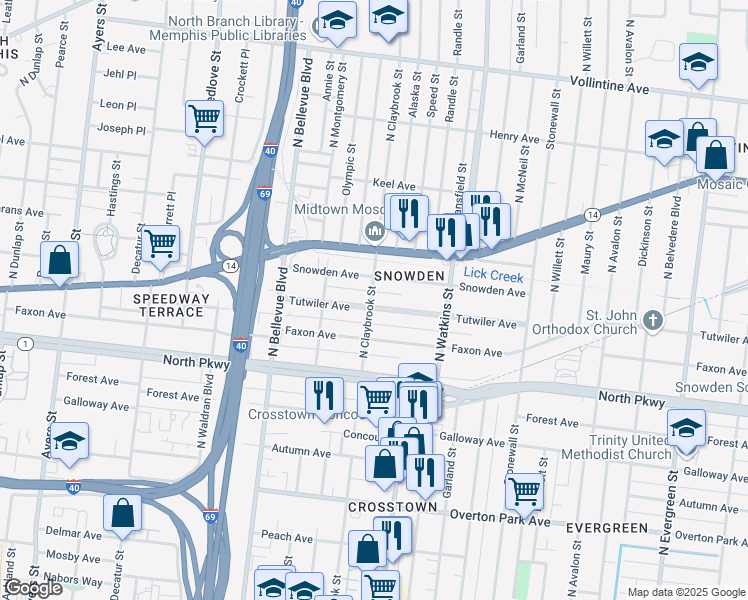 map of restaurants, bars, coffee shops, grocery stores, and more near 1304 Tutwiler Avenue in Memphis