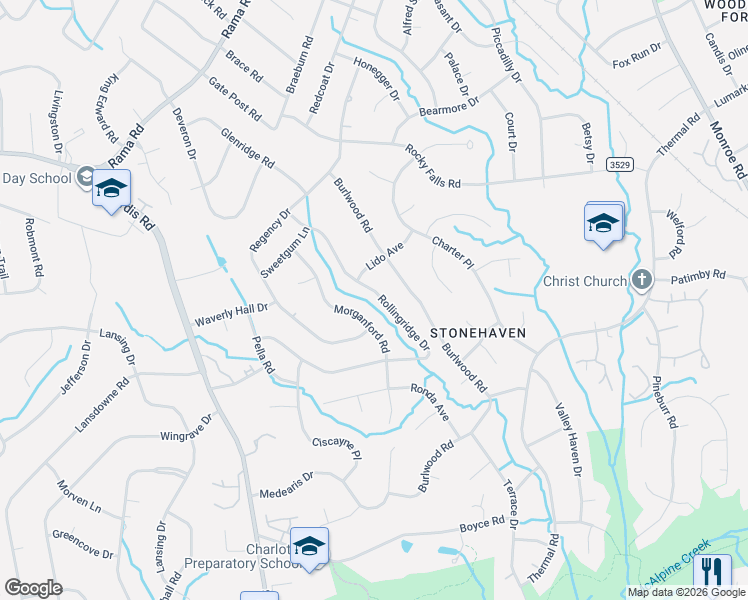 map of restaurants, bars, coffee shops, grocery stores, and more near 6723 Rollingridge Drive in Charlotte