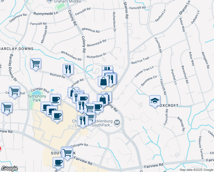 map of restaurants, bars, coffee shops, grocery stores, and more near 720 Governor Morrison Street in Charlotte