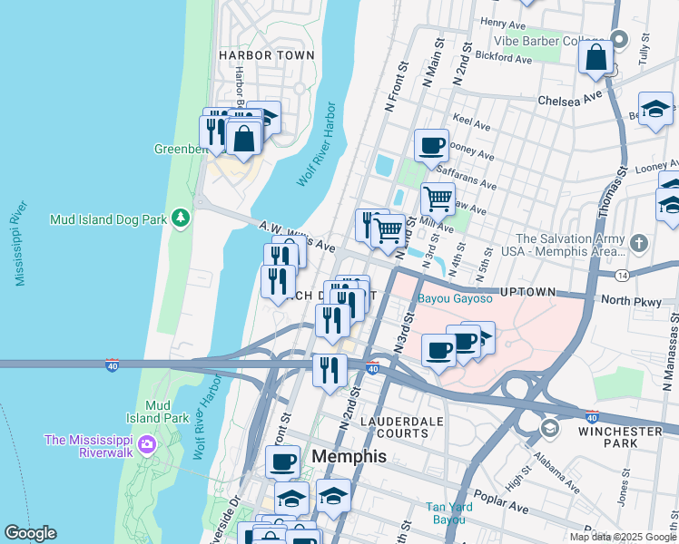 map of restaurants, bars, coffee shops, grocery stores, and more near 426 North Front Street in Memphis