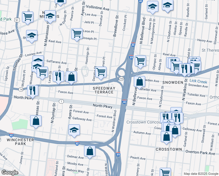 map of restaurants, bars, coffee shops, grocery stores, and more near 628 Breedlove Street in Memphis