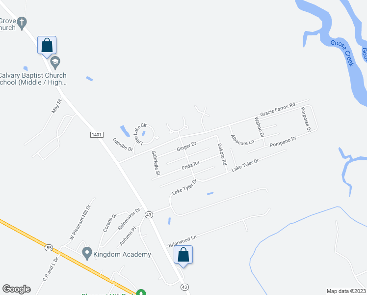 map of restaurants, bars, coffee shops, grocery stores, and more near Ginger Drive in New Bern