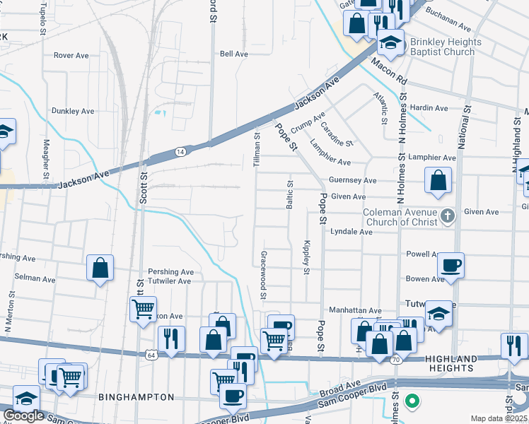 map of restaurants, bars, coffee shops, grocery stores, and more near 3038 Coleman Avenue in Memphis