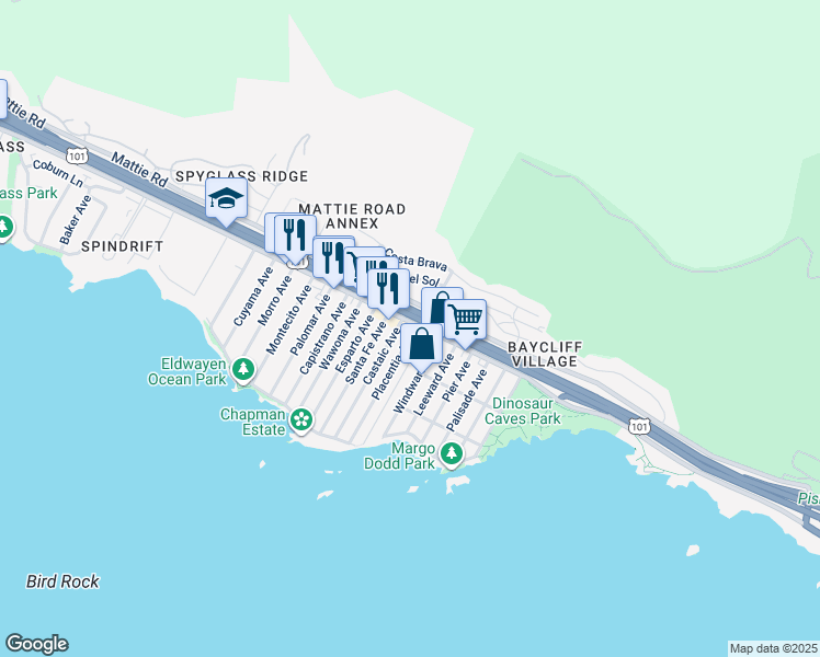 map of restaurants, bars, coffee shops, grocery stores, and more near 1127 Shell Beach Road in Pismo Beach