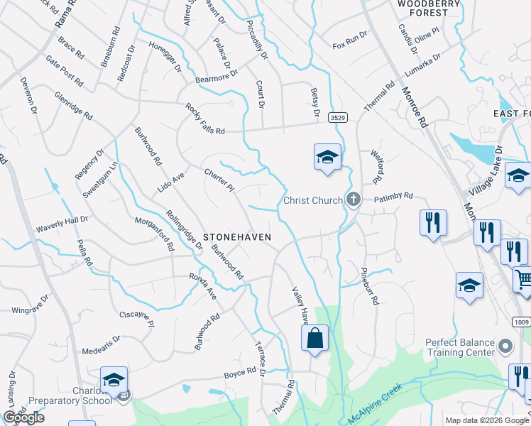 map of restaurants, bars, coffee shops, grocery stores, and more near 6617 Berrypatch Court in Charlotte