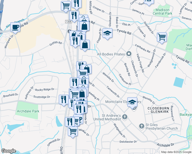 map of restaurants, bars, coffee shops, grocery stores, and more near 1500 Wensley Drive in Charlotte