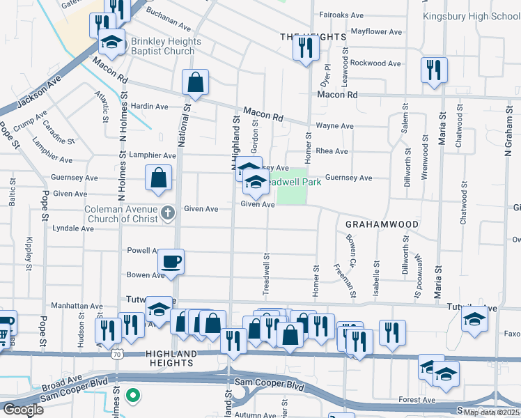 map of restaurants, bars, coffee shops, grocery stores, and more near 3533 Given Avenue in Memphis