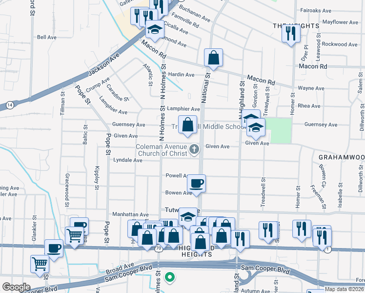 map of restaurants, bars, coffee shops, grocery stores, and more near 3352 Given Avenue in Memphis