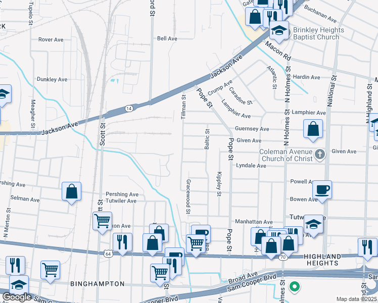 map of restaurants, bars, coffee shops, grocery stores, and more near 3038 Coleman Avenue in Memphis