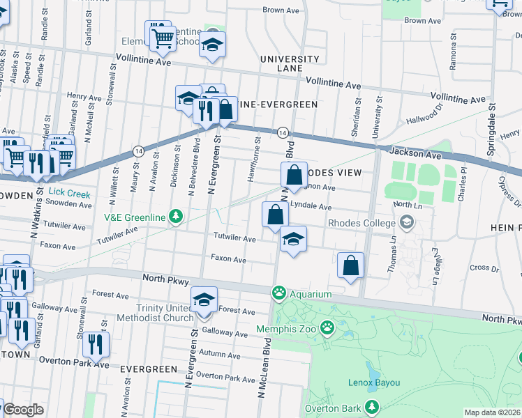 map of restaurants, bars, coffee shops, grocery stores, and more near 701 North Idlewild Street in Memphis