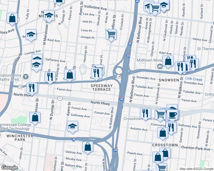 map of restaurants, bars, coffee shops, grocery stores, and more near in Memphis