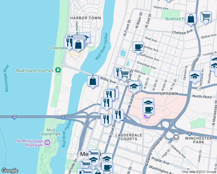 map of restaurants, bars, coffee shops, grocery stores, and more near 102 A.W. Willis Avenue in Memphis