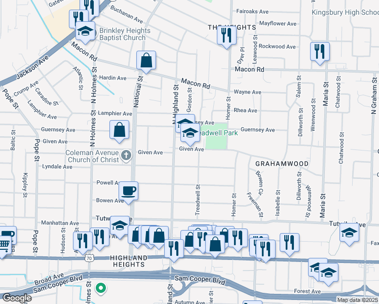 map of restaurants, bars, coffee shops, grocery stores, and more near 3533 Given Avenue in Memphis