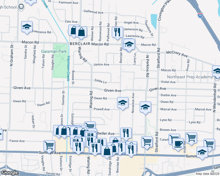 map of restaurants, bars, coffee shops, grocery stores, and more near 4425 Zelda Lane in Memphis