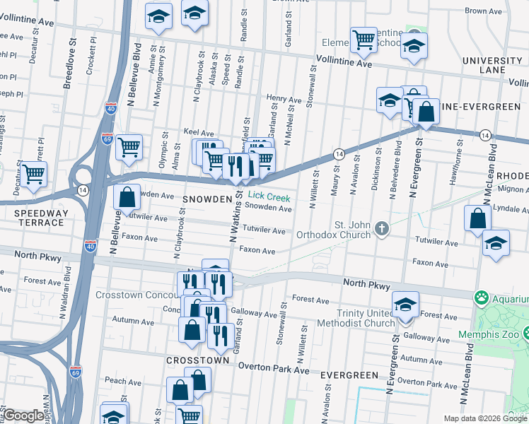 map of restaurants, bars, coffee shops, grocery stores, and more near 1433 Snowden Avenue in Memphis