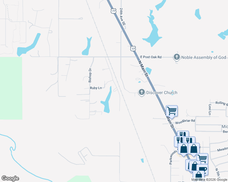 map of restaurants, bars, coffee shops, grocery stores, and more near 2050 East Post Oak Road in Norman