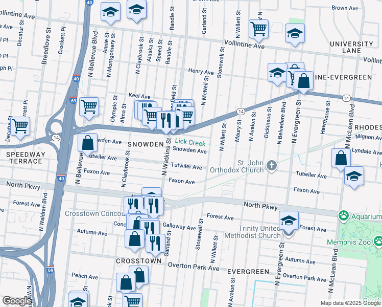 map of restaurants, bars, coffee shops, grocery stores, and more near 1455 Snowden Avenue in Memphis