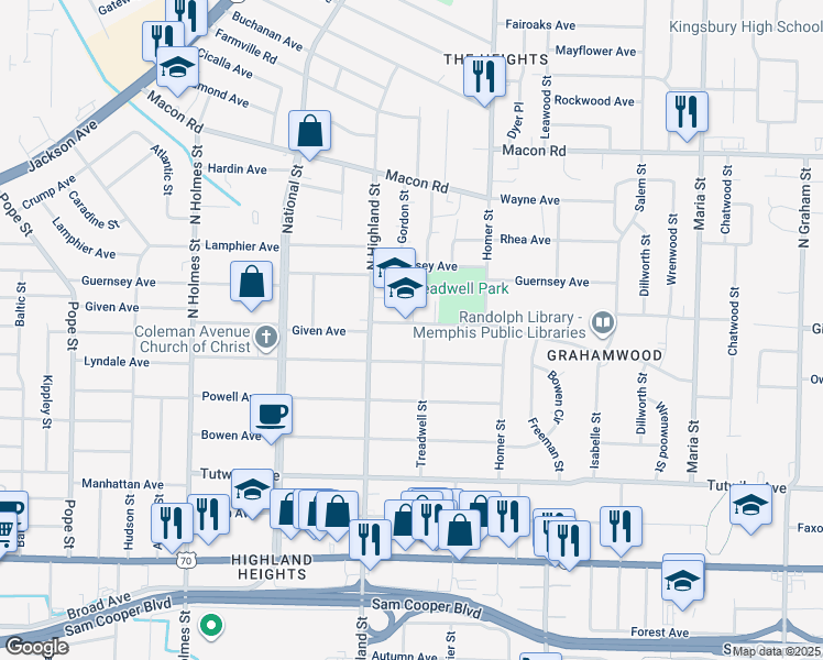 map of restaurants, bars, coffee shops, grocery stores, and more near 3533 Given Avenue in Memphis