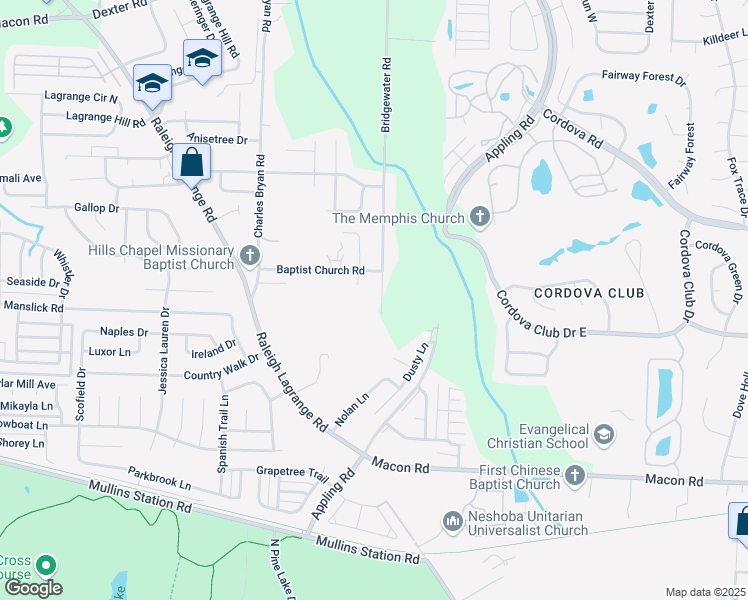 map of restaurants, bars, coffee shops, grocery stores, and more near 1153 Bridgewater Road in Shelby County