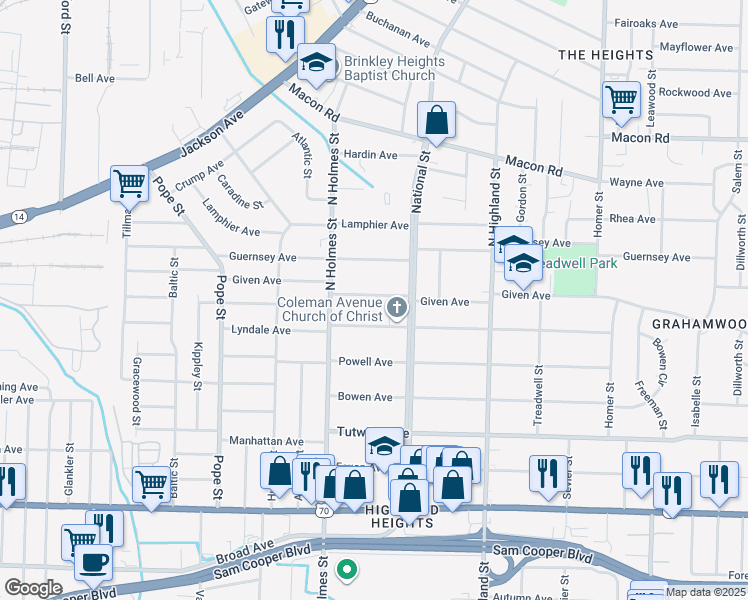 map of restaurants, bars, coffee shops, grocery stores, and more near 3352 Given Avenue in Memphis