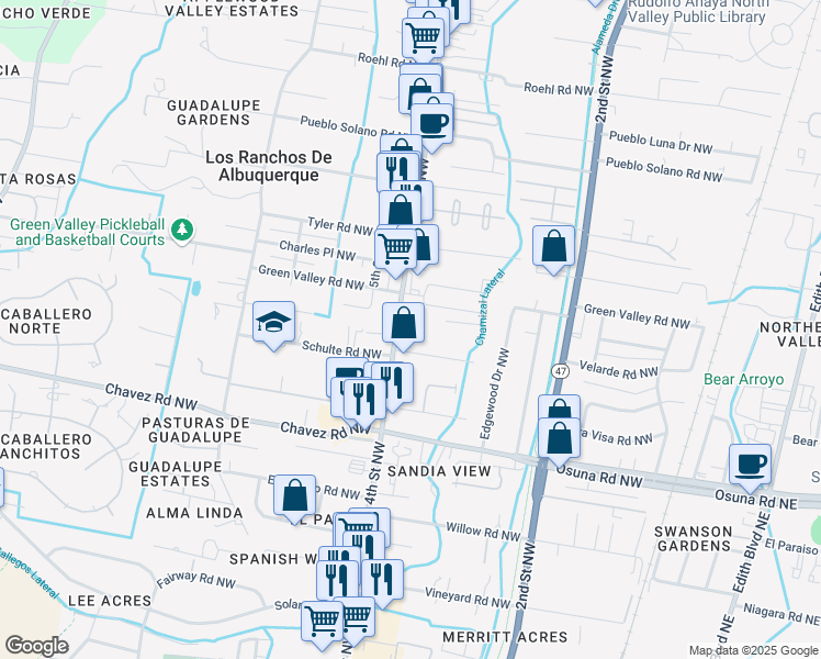 map of restaurants, bars, coffee shops, grocery stores, and more near 6729 4th Street Northwest in Los Ranchos de Albuquerque