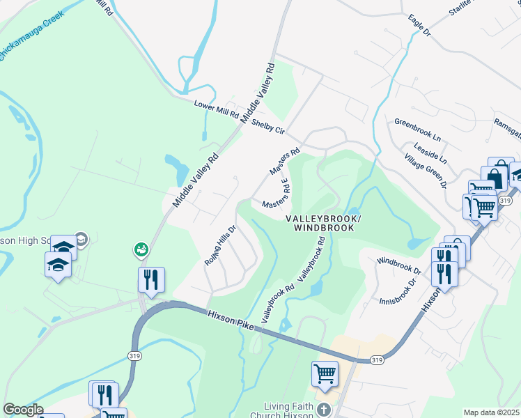 map of restaurants, bars, coffee shops, grocery stores, and more near 204 Masters Road East in Chattanooga