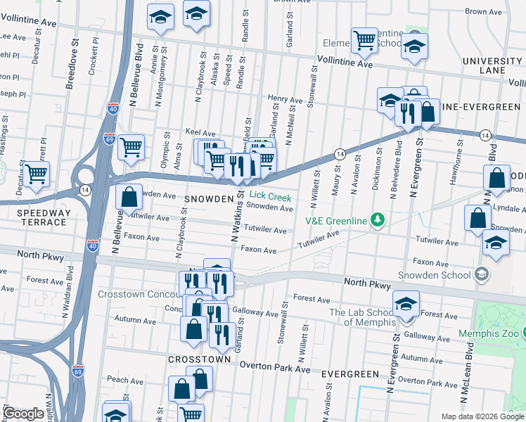 map of restaurants, bars, coffee shops, grocery stores, and more near 1433 Snowden Avenue in Memphis