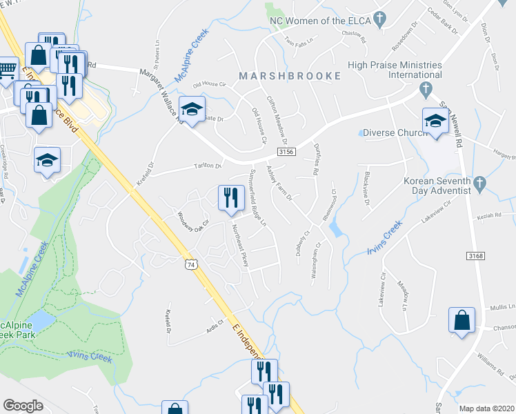 map of restaurants, bars, coffee shops, grocery stores, and more near 3406 Summerfield Ridge Lane in Matthews