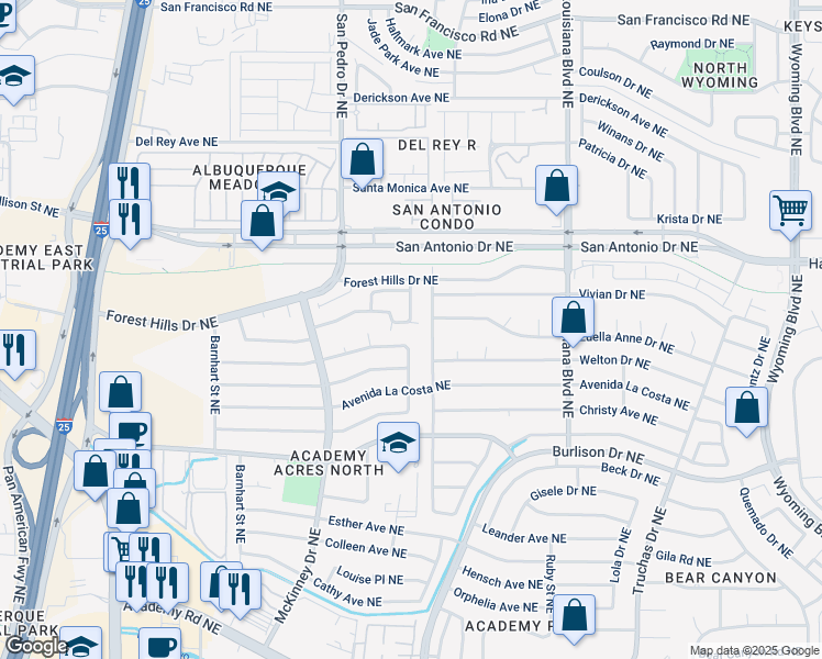map of restaurants, bars, coffee shops, grocery stores, and more near 6556 Pine Park Place Northeast in Albuquerque