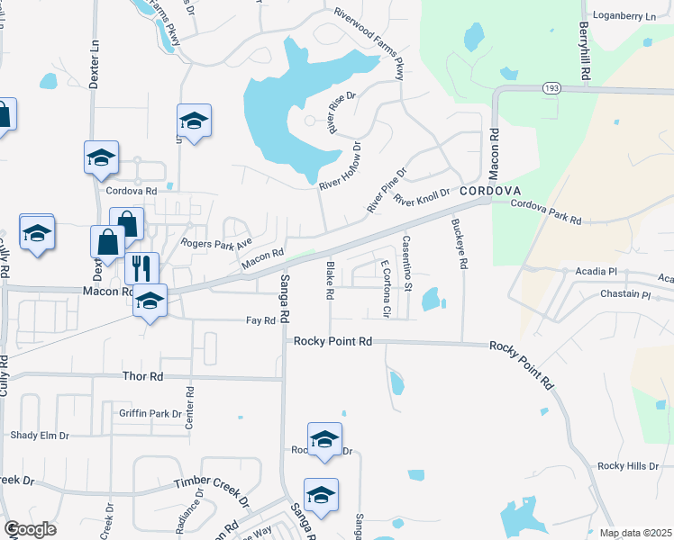 map of restaurants, bars, coffee shops, grocery stores, and more near 1158 Blake Road in Memphis