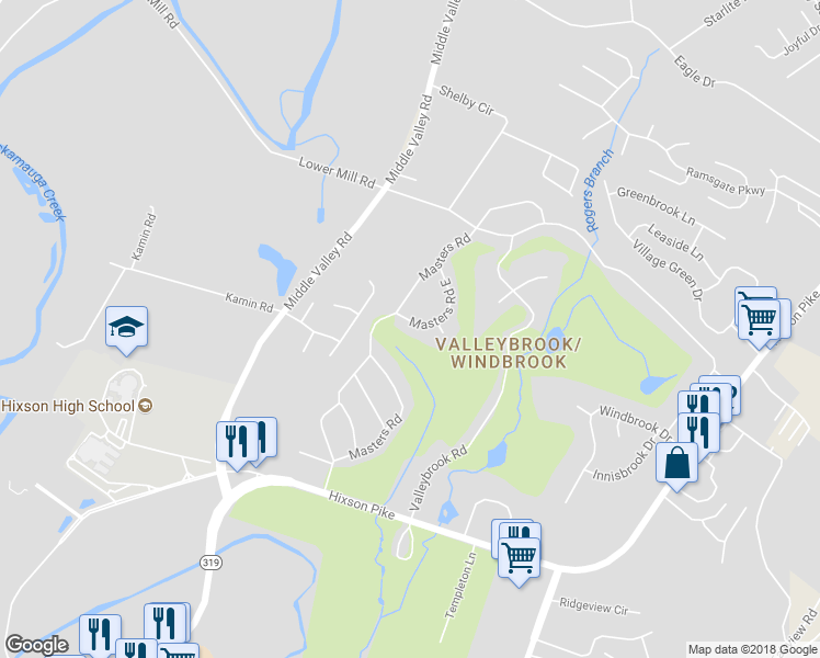 map of restaurants, bars, coffee shops, grocery stores, and more near 204 Masters Road East in Chattanooga
