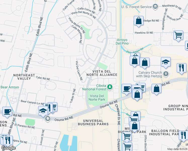 map of restaurants, bars, coffee shops, grocery stores, and more near 6800 Vista Del Norte Road Northeast in Albuquerque