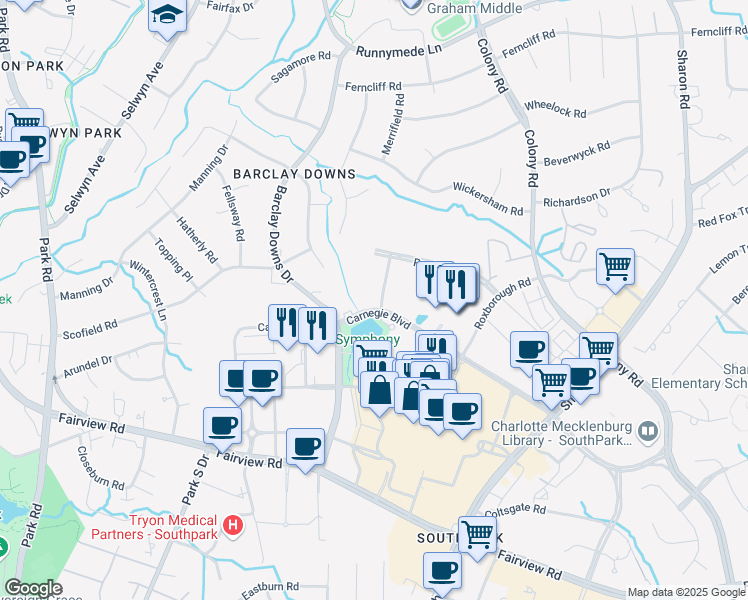 map of restaurants, bars, coffee shops, grocery stores, and more near 6235 Carnegie Boulevard in Charlotte