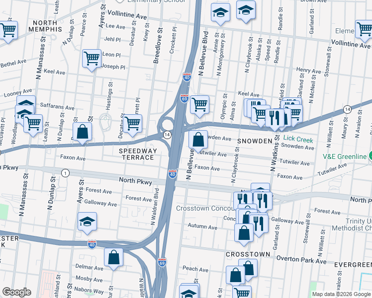 map of restaurants, bars, coffee shops, grocery stores, and more near 1176 Tutwiler Avenue in Memphis