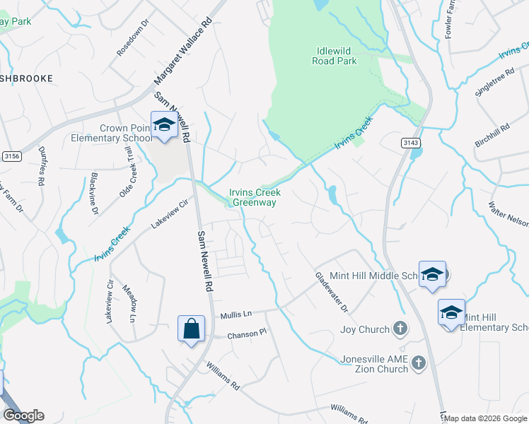 map of restaurants, bars, coffee shops, grocery stores, and more near 2417 Keziah Road in Matthews