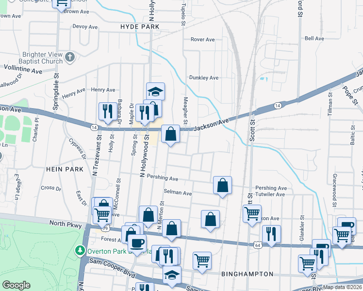map of restaurants, bars, coffee shops, grocery stores, and more near 2551 Lyndale Avenue in Memphis