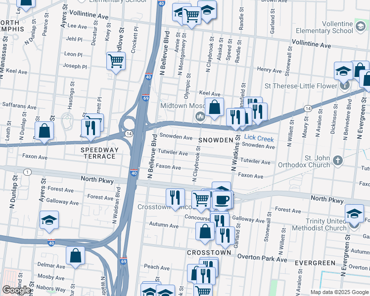 map of restaurants, bars, coffee shops, grocery stores, and more near 1264 Tutwiler Avenue in Memphis
