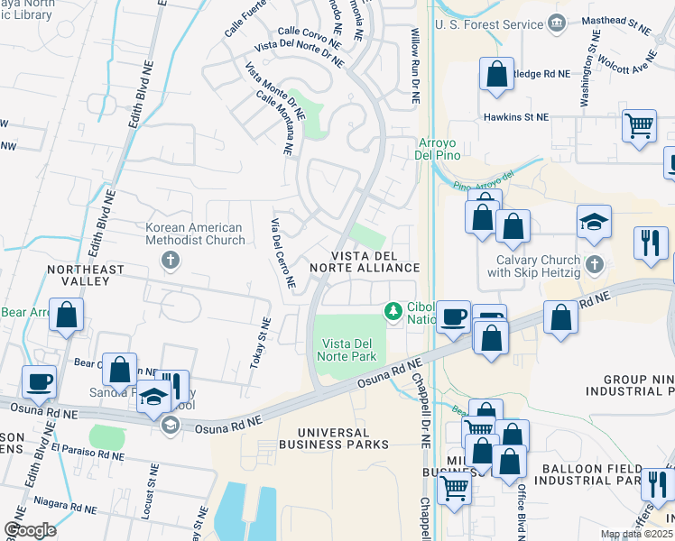 map of restaurants, bars, coffee shops, grocery stores, and more near 6800 Vista Del Norte Road Northeast in Albuquerque