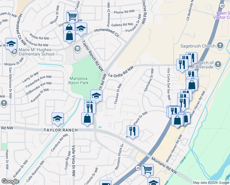 map of restaurants, bars, coffee shops, grocery stores, and more near 6216 Thicket Street Northwest in Albuquerque