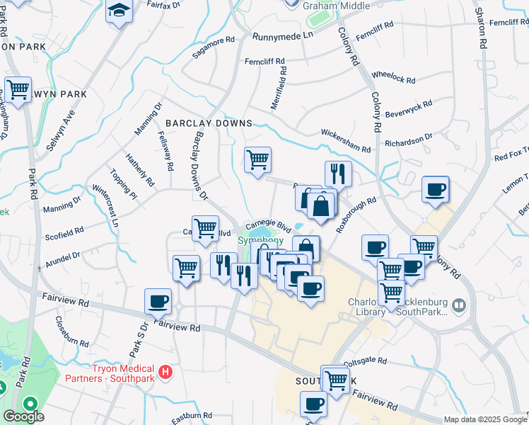 map of restaurants, bars, coffee shops, grocery stores, and more near 6235 Morrison Blvd in Charlotte