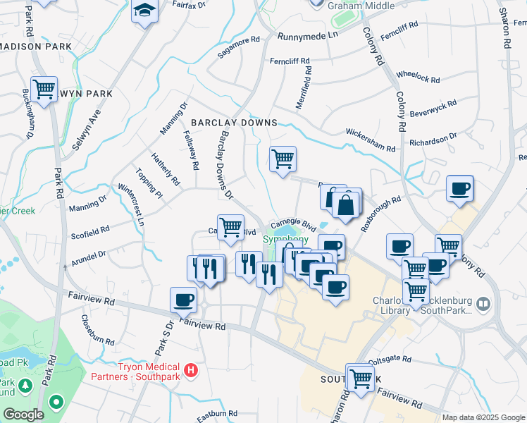 map of restaurants, bars, coffee shops, grocery stores, and more near 4131 Barclay Downs Drive in Charlotte